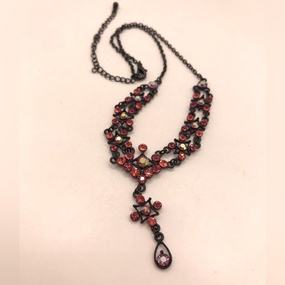 Red & AB Acrylic Rhinestones Y Necklace with Dark Metal Chain